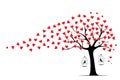 Tree wind leaves i shape of red hearts and bird cage silhouettes, vector