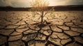 Tree on cracked ground due to drought and global warming. Water shortage and crisis environment. Royalty Free Stock Photo