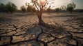 Tree on cracked ground due to drought and global warming. Water shortage and crisis environment. Royalty Free Stock Photo