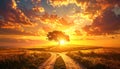 Tree at Crossroads Under a Fiery Sunset Sky with Sunbeams fork in the road path Royalty Free Stock Photo