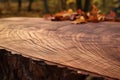 Tree cut in autumn forest. Wooden stump at nature. Generative AI