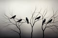 Tree dance monochrome bird shadows create a captivating silhouette spectacle