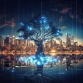 Tree data technology on city background. Digital internet connection. Futuristic hi-tech style