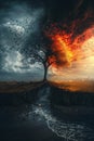The tree of duality: The balance of fire and storm. AI Generated Royalty Free Stock Photo