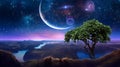 tree on earth ,starry sky moon planet surrealism