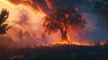 Tree engulfed in flames during a forest fire at sunset, dramatic landscape. Environmental disaster and climate change Royalty Free Stock Photo