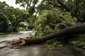 Tree fell over driveway and wires during a tropial storm Royalty Free Stock Photo