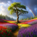 tree in a field with bright flowers, forest in the distance, sky with clouds and rainbow