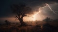 a tree in a field with lightning in the sky above it and a field of grass and rocks in the foreground with a tree in the