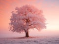 Tree in a field with snow and sunset. Calm winter landscape