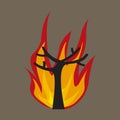 Silhouette of a tree trunk burning with a flame, natural disaster concept