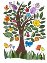 A tree with flowers, leaves and butterflies. Beautiful vibrant colors. Hand drawn illustration Love bohemian concept for wedding i Royalty Free Stock Photo
