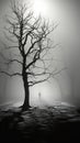 The tree, the foggy field, and the person walking in the distanc