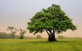 Tree in foggy meadow