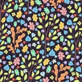 Tree foliage and flowers, branches and leaves seamless pattern, doodle cartoon natural background, hand drawing. Multi-colored