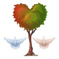 Tree with foliage in the shape of heart and doves