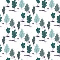 Tree forest seamless isolated pattern. Abstract botanic silhouettes in blue and turuoise colors on white background