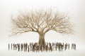 Tree formed entirely by interconnected human figures, symbolizing unity and interconnectedness. Ai generated