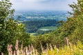 A tree framed view from Sutton Bank as storm clouds approach in Yorkshire, UK