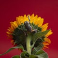 Tree frog sits on big sunflower. Large-headed leaf frog studio shot. Phyllomedusa on red background. Cute exotic pet.