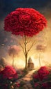 Tree full of blooming red roses, romantic abstract floral background. Generative AI