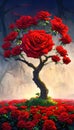 Tree full of blooming red roses, romantic abstract floral background. Generative AI