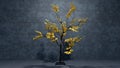 Tree full of gold dollar coin. Behind is an old wall. Royalty Free Stock Photo