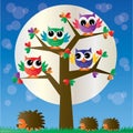 A tree full ow colorful owls