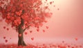 Tree Full Of Red Hearts That Break Off And Fly On A Pink Background