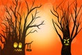 Halloween theme, Tree ghosts and orange sky background
