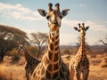 Tree giraffes among desert plants in front of savannah landscape. Girrafe in savannah, walking along south africa national park on