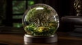 tree in glass ball. Lens Sphere Crystal Ball Focusing Sun Rays and reflecting countryside woodland