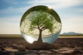 Tree in glass ball on soil crack in desert