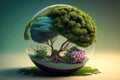 Tree in a glass bowl world environment concept. Nature ecology green, sustainability plant Generative AI