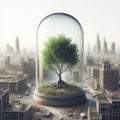 A tree in a glass capsule in the middle of a ruined city after the apocalypse. Royalty Free Stock Photo