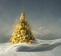 This Tree Glows Brightly On Snow Covered Foggy Christmas Morning. Royalty Free Stock Photo