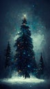 This Tree Glows Brightly On Snow Covered Foggy Christmas At Night. Ai digital art illustration Royalty Free Stock Photo