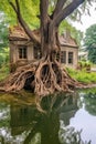 tree with gnarled roots extending into a backyard pond