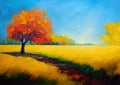 Tree in a golden field oil knife painting