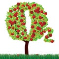 Exclusive. Autumn tree in the form of the chemical formula of oxygen. Apple tree with red fruits. Vector.