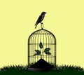 Silhouette of a bird sitting on a cage against the sky in the style of engraving