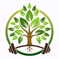 A tree with green leaves and a pair of dumbs hanging from its branches, An elegant logo of a tree to symbolize growth and renewal