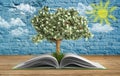 Tree growing from book A big open book with tree Reading makes y