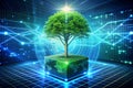 Tree growing on Circuit Digital Cube. Digital and Technology Convergence. Blue light and Wireframe network background. Green Royalty Free Stock Photo