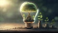 tree growing on coins and light bulb. concept saving money with energy, Generative AI Royalty Free Stock Photo