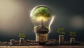 tree growing on coins and light bulb. concept saving money with energy, Generative AI Royalty Free Stock Photo