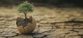 Tree Growing from Cracked Eggshell on Dry Ground Symbolizing New Life and Hope in Harsh Conditions, copy space for text Royalty Free Stock Photo