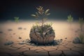 A tree growing on dry, cracked ground. Climate change. Global problems of ecology. AI generative Royalty Free Stock Photo