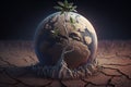 A tree growing on dry, cracked ground. Climate change. Global problems of ecology. AI generative Royalty Free Stock Photo