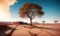 A tree growing in the desert, soil split by drought